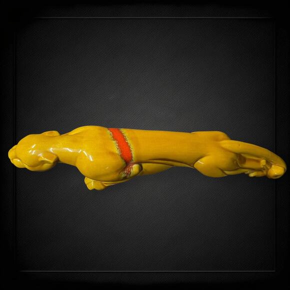 Mid Century Yellow Ceramic Panther Figurine – Rare Red Accent Glaze – 1950s - Picture 5 of 8